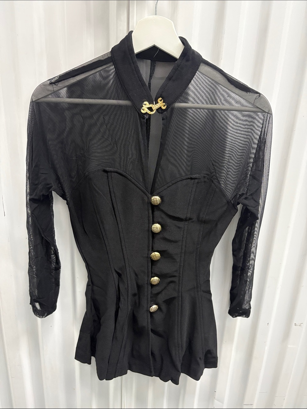 Black Sheer Panel Corset Top with Gold Buttons